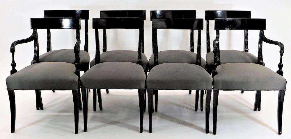 Appraisal: American Black Painted Grey Seat Dinning Chairs United States th