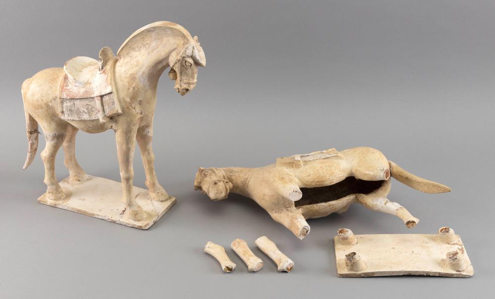 Appraisal: TWO TANG DYNASTY-STYLE POTTERY HORSES HEIGHTS LENGTHS DEPTHS TWO TANG