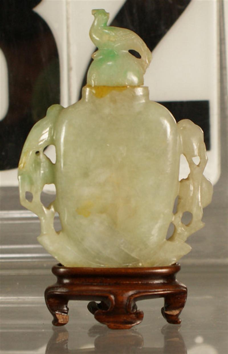 Appraisal: carved jadeite snuff bottle prunis blossom design bird carved matching