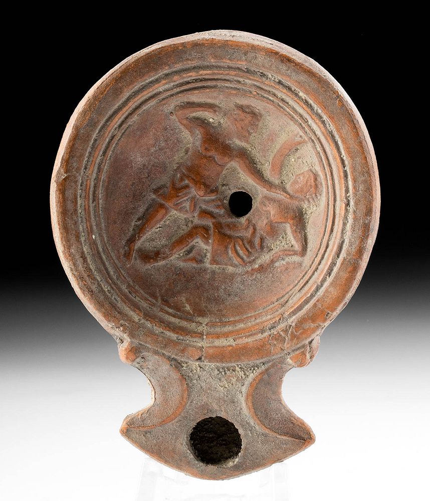 Appraisal: Roman Pottery Oil Lamp w Boxers Roman Imperial Period ca