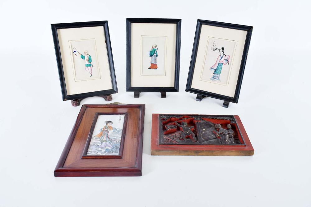 Appraisal: GROUP OF FIVE CHINESE DECORATIVE ITEMSComprising three Chinese figural watercolor