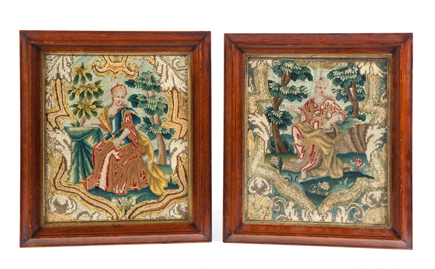 Appraisal: TWO ENGLISH NEEDLEPOINT PANELS Eighteenth- th century Nicely done vignettes