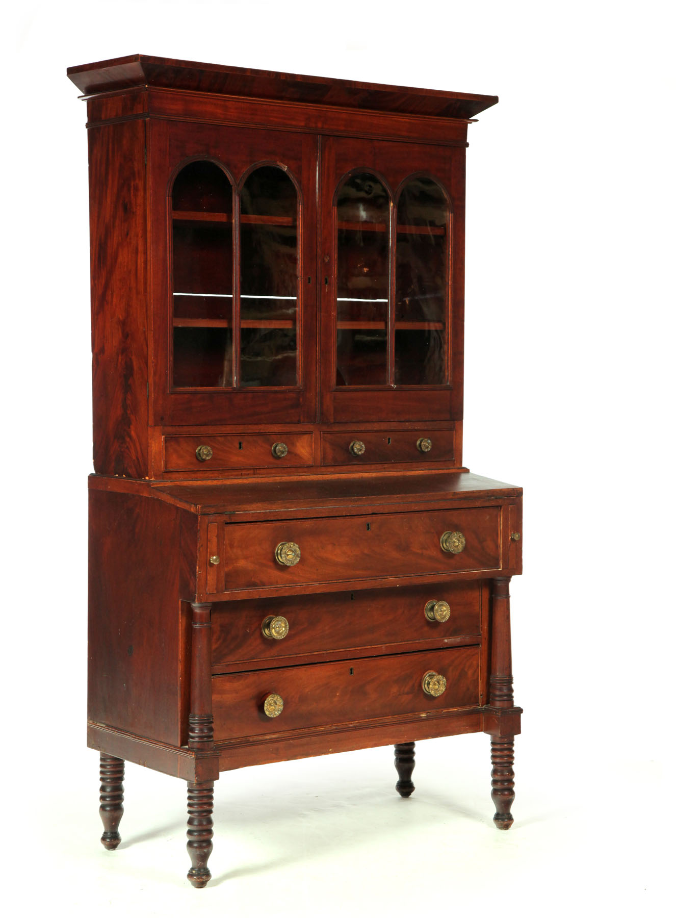 Appraisal: SHERATON DESK-AND-BOOKCASE American - mahogany and pine Two-piece upper cabinet