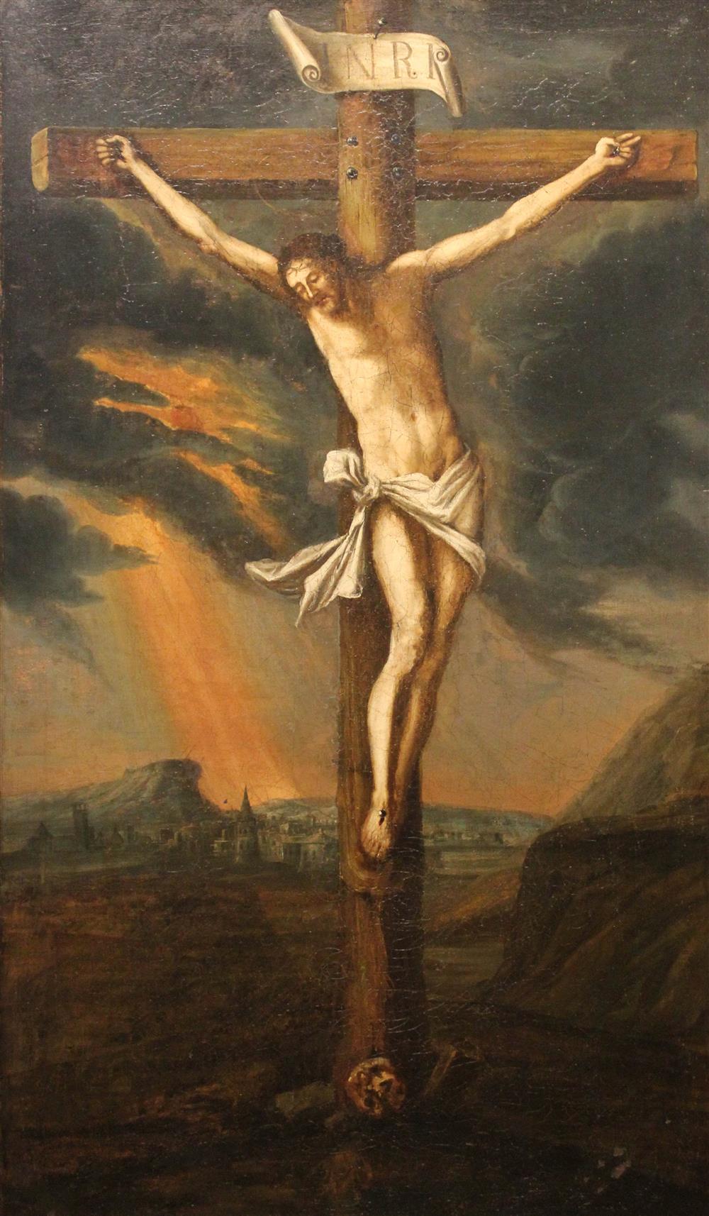 Appraisal: CONTINENTAL SCHOOL TH CENTURY CRUCIFIXION Oil on canvas x in