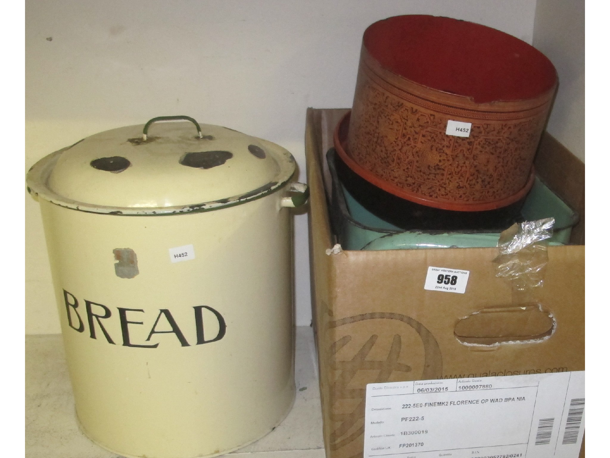 Appraisal: A box of assorted glass and two enamel bread bins