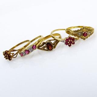 Appraisal: Grouping of Five Victorian Ct Gold Ruby Gemstone Rings Grouping