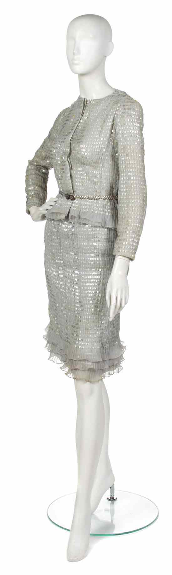 Appraisal: A Chanel Couture Silver Silk and Sequin Evening Suit consisting