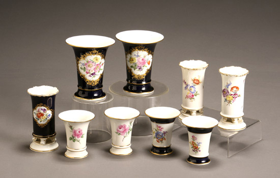 Appraisal: Group of Nine Meissen Vases Early th Century Each painted