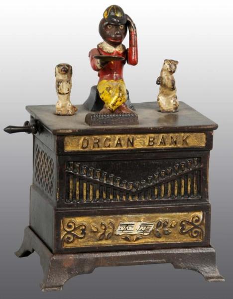 Appraisal: Cast Iron Organ Dog Cat Mechanical Bank Description Manufactured by