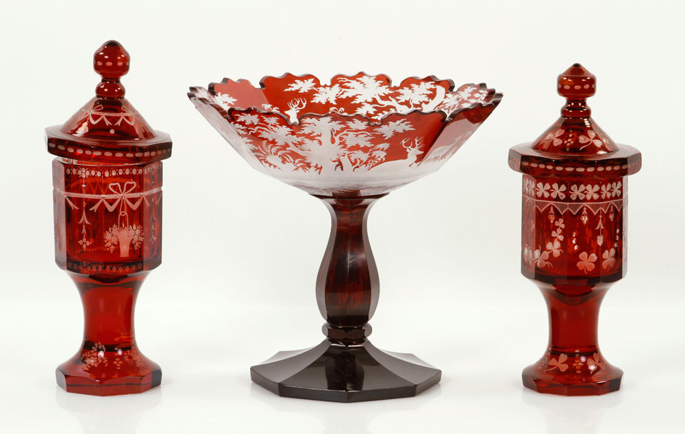 Appraisal: - Bohemian Cut Glass Center Dish and Canisters Bohemian ruby