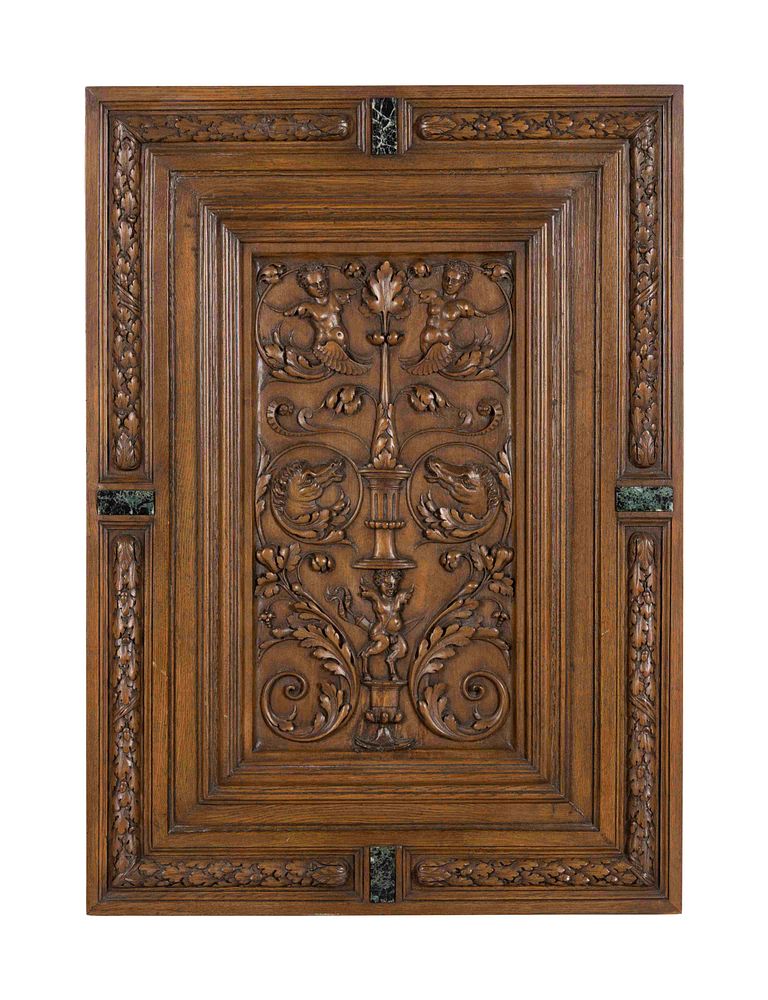 Appraisal: A Renaissance Revival Marble-Inset Carved Oak Panel A Renaissance Revival