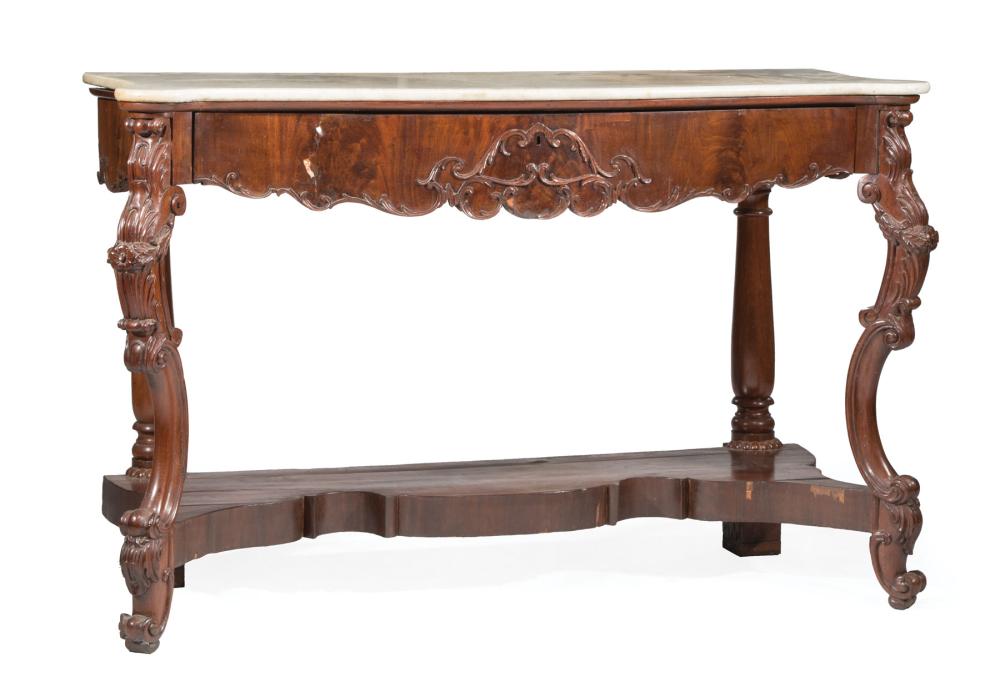 Appraisal: American Rococo Mahogany Console Table th c shaped marble top