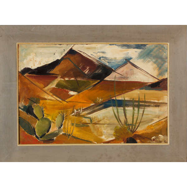 Appraisal: Modern expressionist Southwestern desert landscape with mountains and cactus in