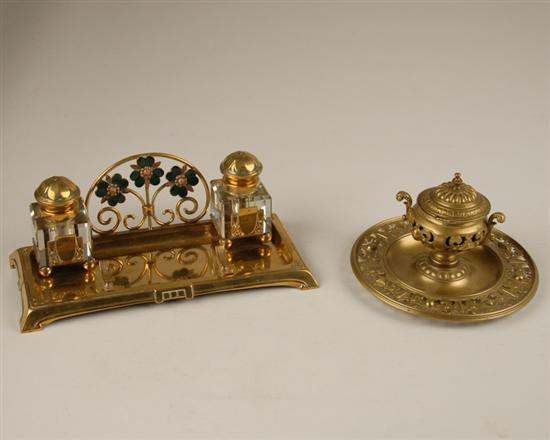 Appraisal: Two Brass Inkstands one on a rectangular tray base with