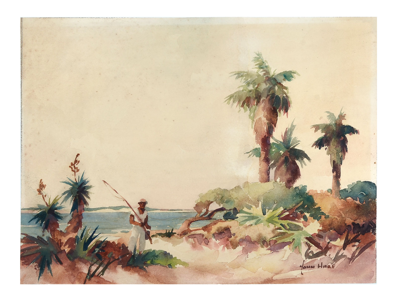 Appraisal: HARE John American - Florida Coastal Scene with Fisherman Watercolor