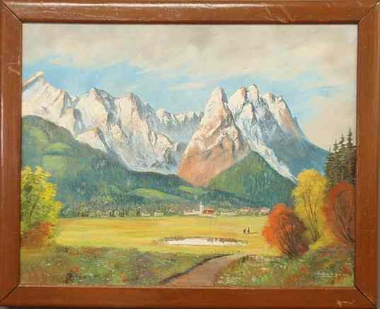 Appraisal: Oil on canvas of snow capped mountains and a village