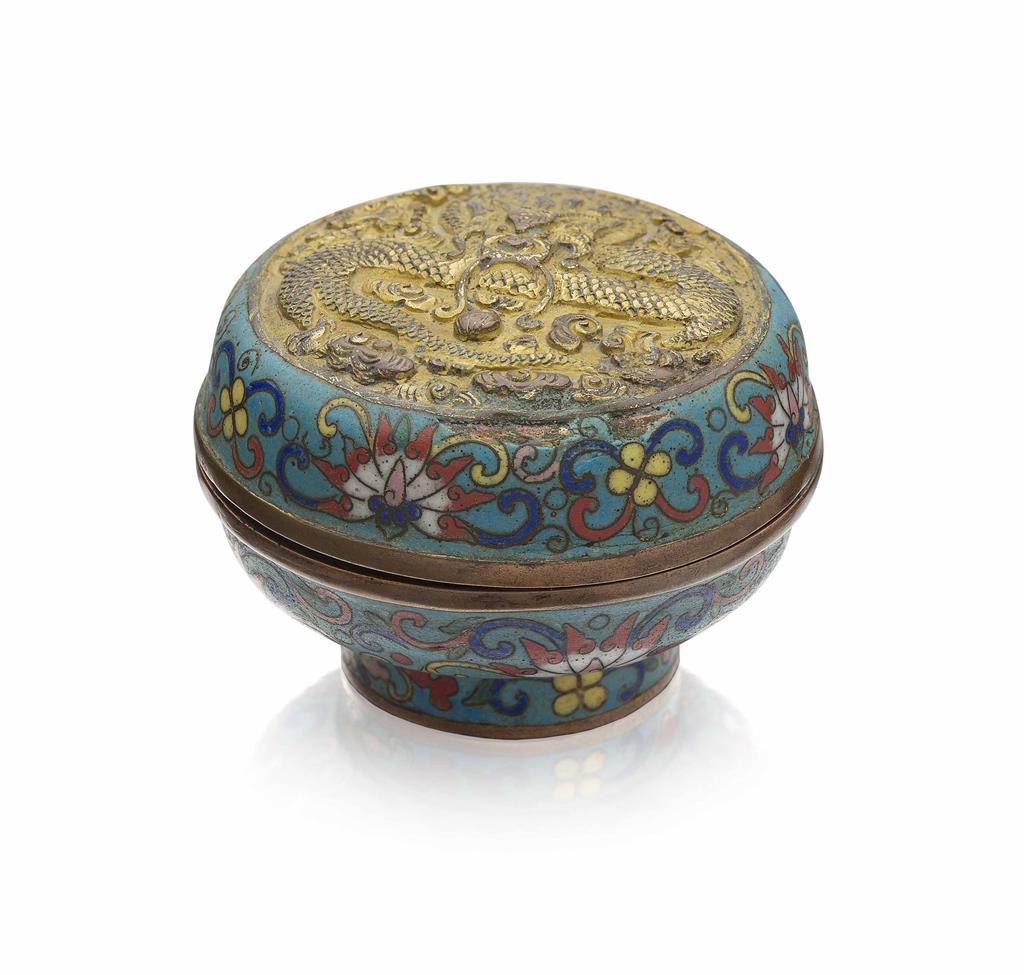 Appraisal: CLOISONN AND GILT BRONZE BOX AND COVER of flattened globular