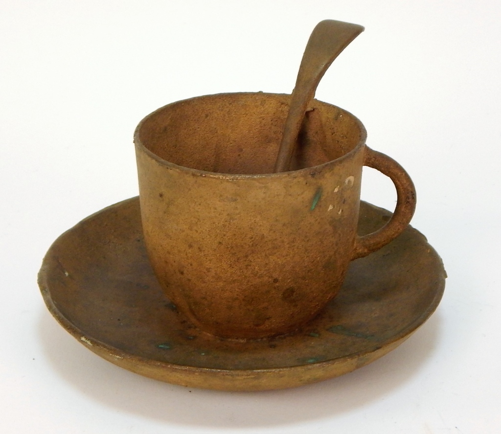 Appraisal: BRONZE STILL LIFE TEA CUP SPOON SAUCER SCULPTURE United States