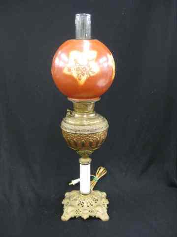 Appraisal: Victorian Parlor Lamp floral globe on fancymetalwork and onyx base