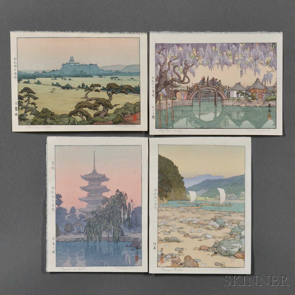 Appraisal: Toshi Yoshida - Four Color Woodblock Prints Japan Shirasagi Castle