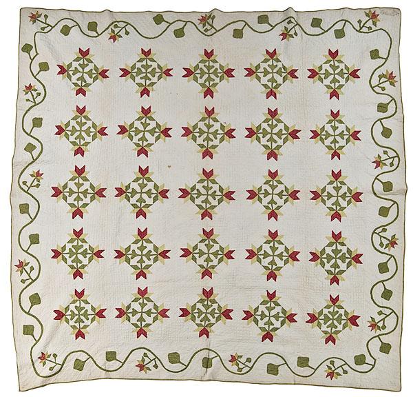 Appraisal: RED AND GREEN PEONY VARIATION QUILT American ca - cotton