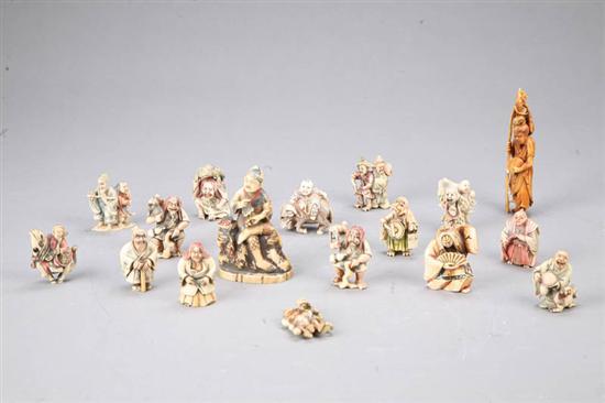 Appraisal: SEVENTEEN ASIAN CARVINGS Ivory figures Fifteen are netsukes with polychrome