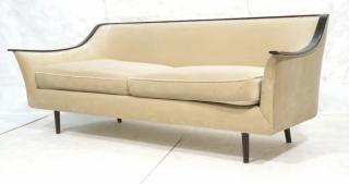 Appraisal: Modernist Beige Velvet Sofa Couch Dark wood slop Modernist Beige