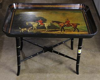 Appraisal: English papier-mache tray on later stand depicting a hunting scene