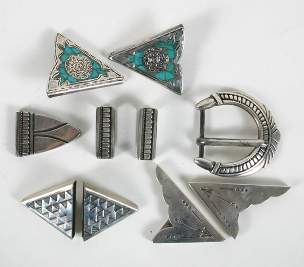 Appraisal: Native American and Mexican silver belt tips keepers and buckle