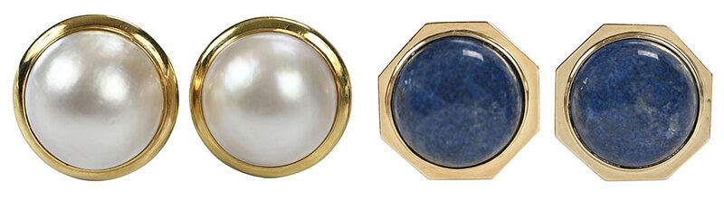 Appraisal: Two Pairs Gold Earrings round lapis cabochons approx mm stamped