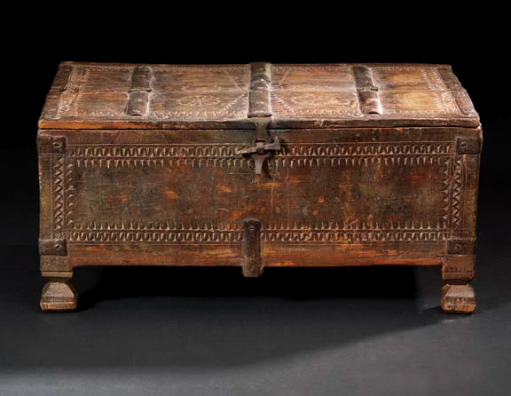 Appraisal: Spanish Carved and Wrought-Iron-Mounted Hardwood Footed Document Box second quarter