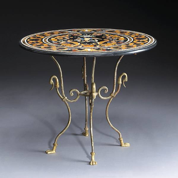 Appraisal: A Directoire style pietra dura polished steel and brass table