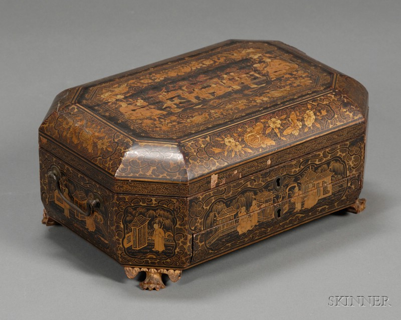 Appraisal: Chinese Gilt Lacquer Sewing Box with Ivory Sewing Implements c