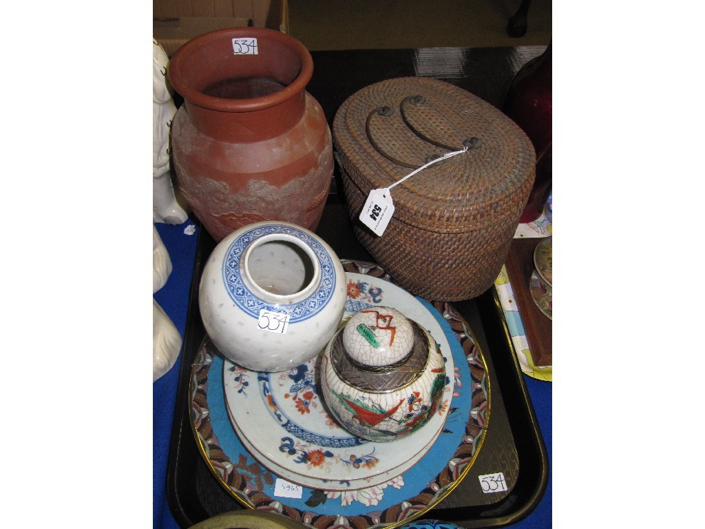 Appraisal: Tray lot of assorted oriental ceramics etc - stoneware vase