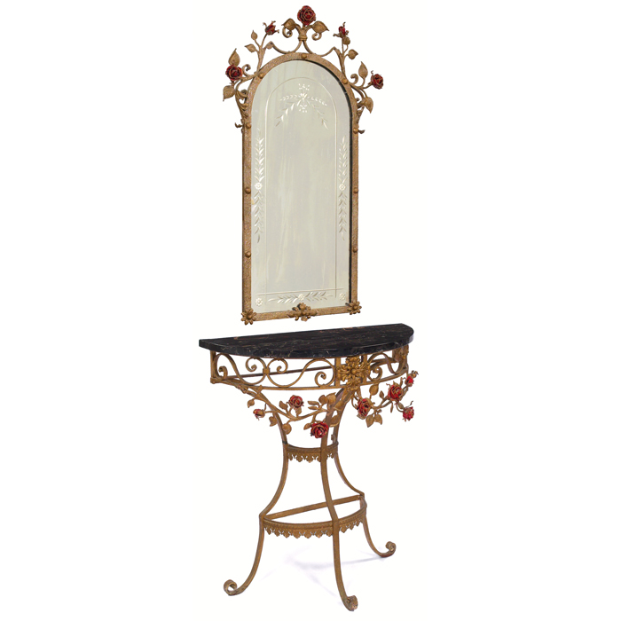 Appraisal: Wrought iron console table and mirror marble table top supported