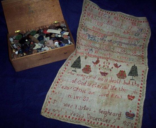 Appraisal: A large quantity of buttons thimbles a needlework sampler etc