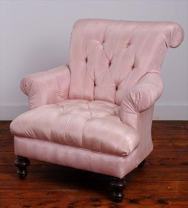 Appraisal: VICTORIAN SILK MOIR -UPHOLSTERED WALNUT EASY CHAIR The deep-buttoned outscrolled