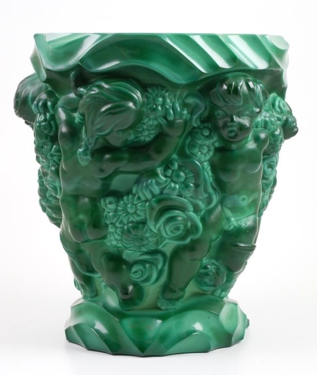 Appraisal: Five cherubs dance around this heavy Czechoslovakian malachite glass vase