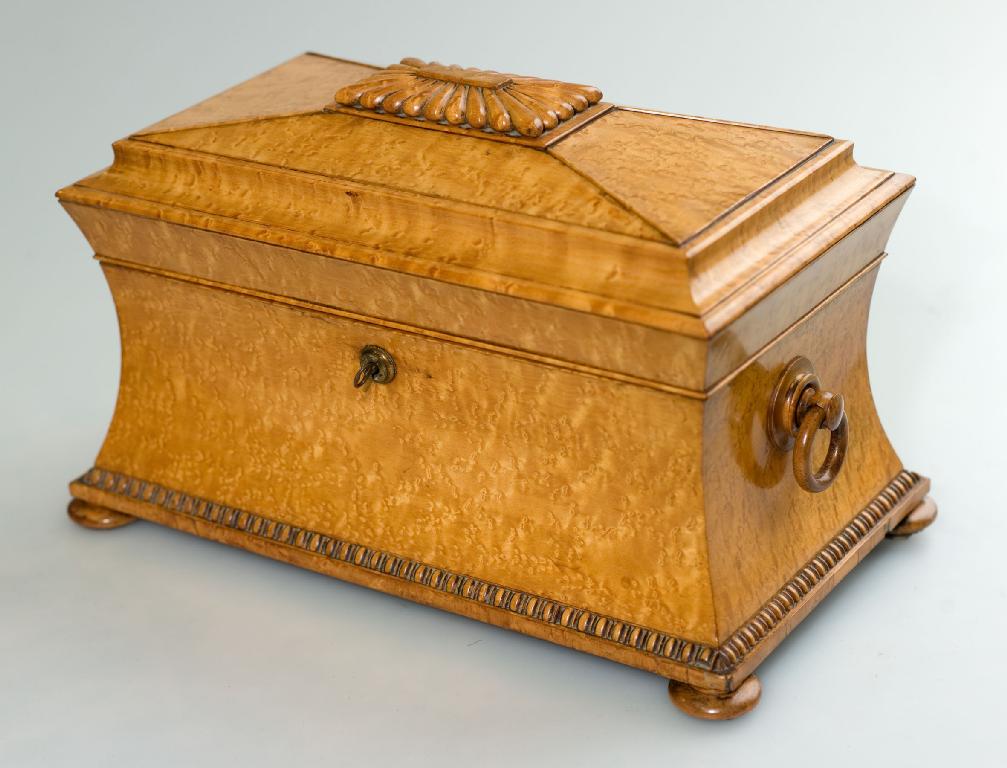 Appraisal: FINE WILLIAM IV BIRD'S EYE MAPLE SARCOPHAGUS TEA CADDY OF