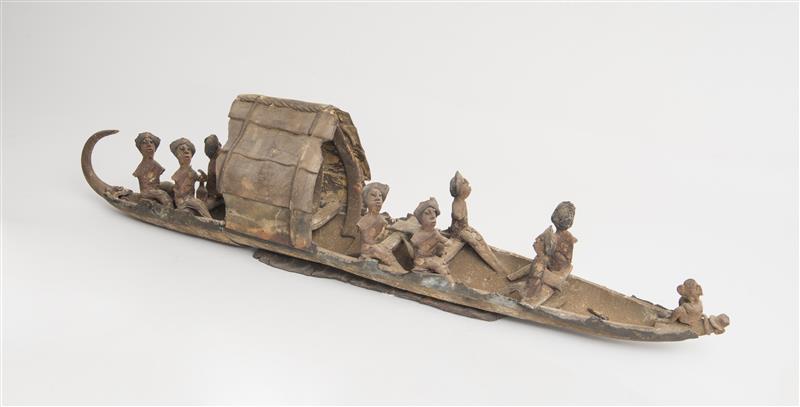 Appraisal: AFRICAN CARVED WOOD BOAT Stern section broken off loose figures