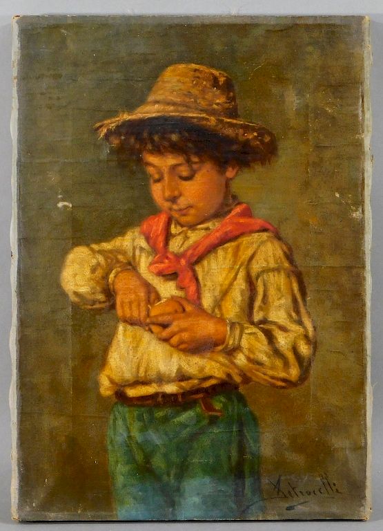 Appraisal: Achille Petrocelli Farm Boy Peeling Apple Painting Achille Petrocelli Italy