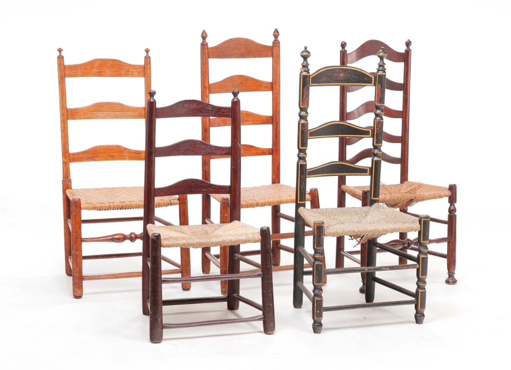 Appraisal: FIVE AMERICAN LADDERBACK CHAIRS Eighteenth and th centuries One with