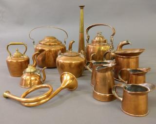 Appraisal: Miniature copperware Grouping of English miniature copperware Largest kettle h