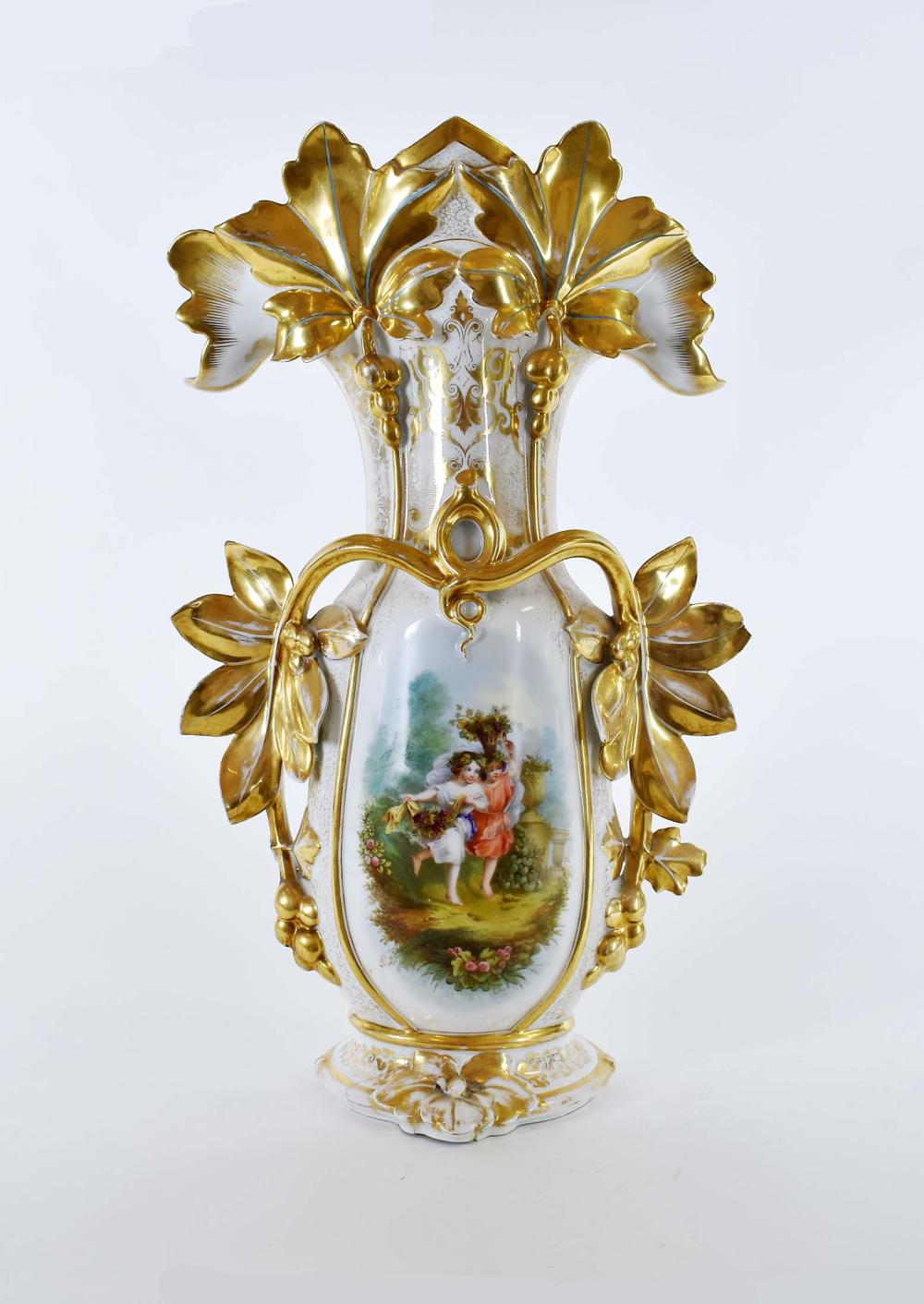 Appraisal: PARIS PORCELAIN PART GILT VASELate th Century Molded with leaves