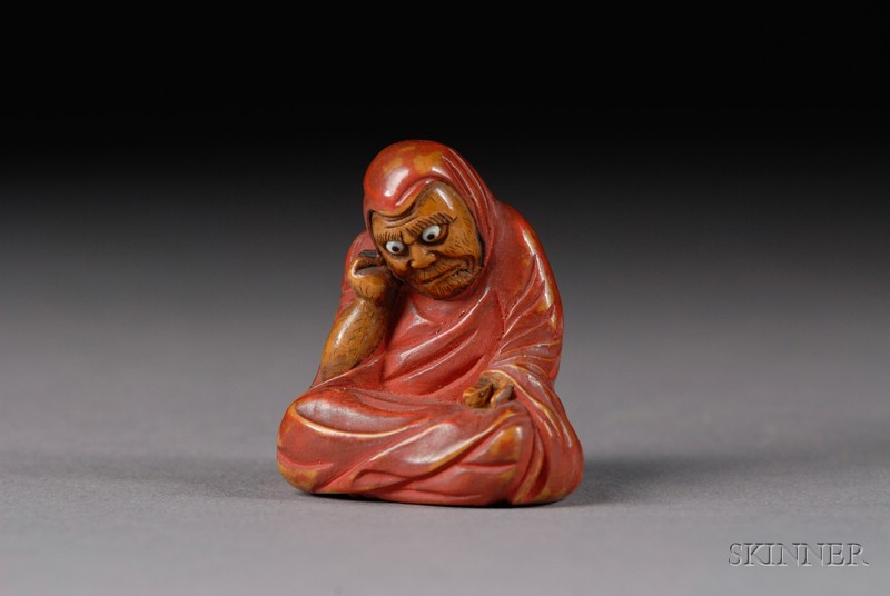 Appraisal: Boxwood Netsuke th century seated figure of Daruma with inlaid