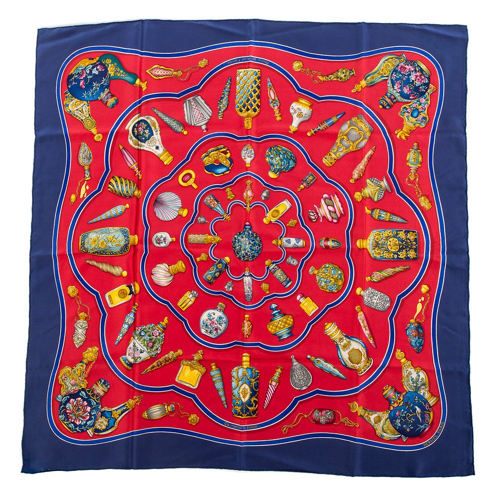 Appraisal: An Hermes Qu'importe le Flacon Scarf A red blue and