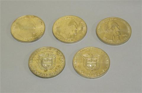 Appraisal: FIVE PANAMA SILVER COIN PIECES Five twenty balboa silver pieces