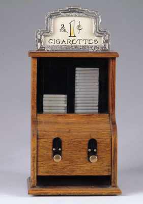 Appraisal: MILLS WOODEN CIGARETTE VENDER Twin-column one-cent vender dispenses individual cigarettes