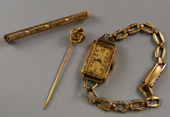 Appraisal: Three Antique Gold Jewelry Items an antique kt gold watch