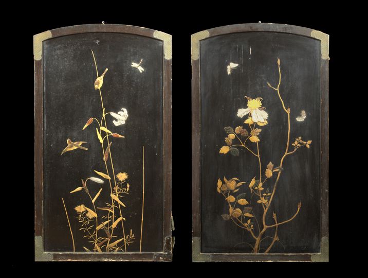 Appraisal: Pair of Japanese Lacquer Ivory and Mother-of-Pearl Hanging Panels Meiji